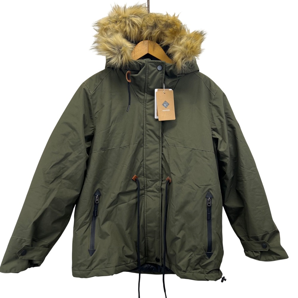 Wantdo Women's L Green Faux Fur Hood Winter Parka Jacket Coat Removable Fur Trim